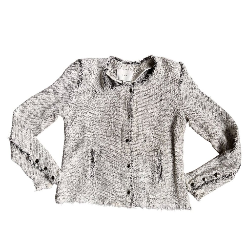 IRO Agnette Distressed Tweed‎ Jacket Black White Frayed Cotton Blend Size 38